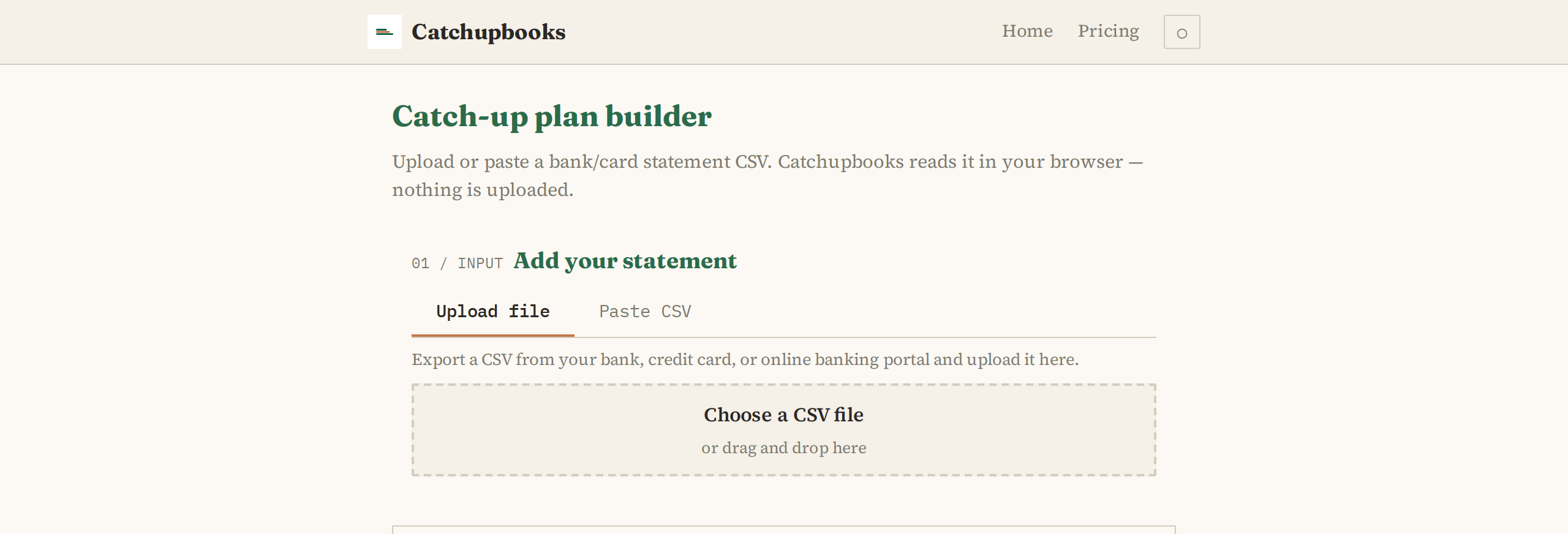 Catchupbooks tool showing a bank statement CSV loaded with column mapping — the date, description, and amount fields are automatically detected and the user can adjust them before generating a month-by-month catch-up plan.